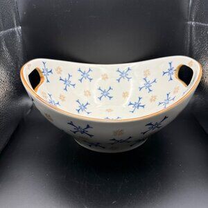 Temp-Tations Oval Ceramic Serving Bowl Handles Blue Gold Atomic Floral Pattern